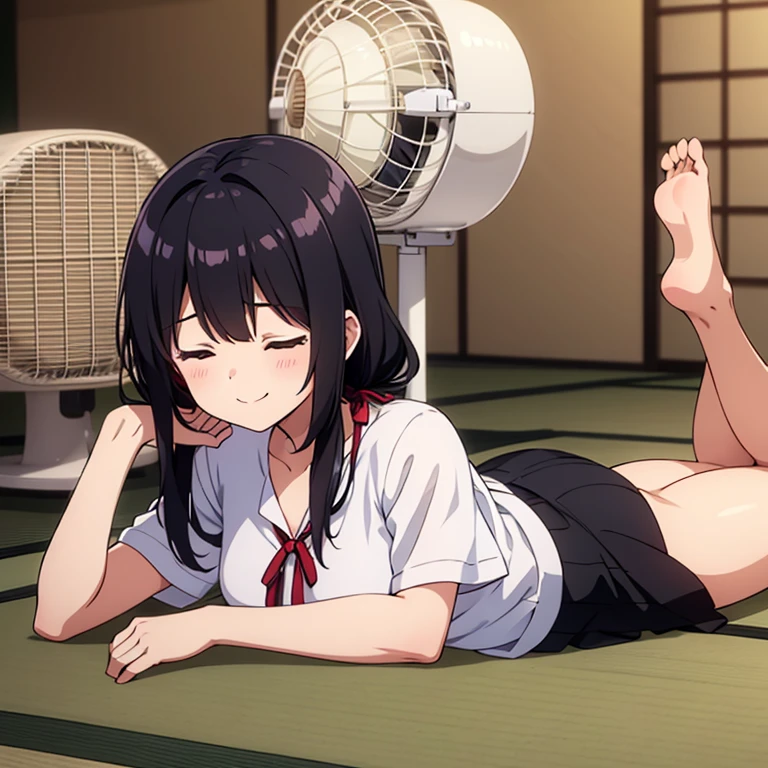 1girl, yo,

lying, on stomach,

(hands on tatami:1.2),

smile, (closed eyes:1.2),
(shirred blouse), white blouse, short sleeve, low neck, black skirt, barefoot,

tatami, house,
(electric fan:1.2), (wind:1.2),
indoor,
day, summer,

BRAKE
black hair, (low twintails), low pigtails, red ribbon in hair,  very long hair,
dark brown eye,

from side,

high brightness,
(high quality, ultra detailed, masterpiece, super detail, highres, anatomically correct, UHD)