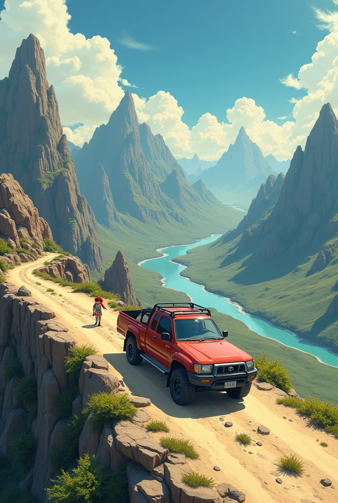 The Ghibli-style image shows an aerial view of a Toyota Hylux pickup truck cruising along a sandy road on top of a mountain., between high mountains and a river passing between them.
on a mountain, There is a crouching demon girl who has tattoos all over her body, a single long braid and red hair and a small horn on one part of her head, It has no wings or tail and can barely be seen from a distance..