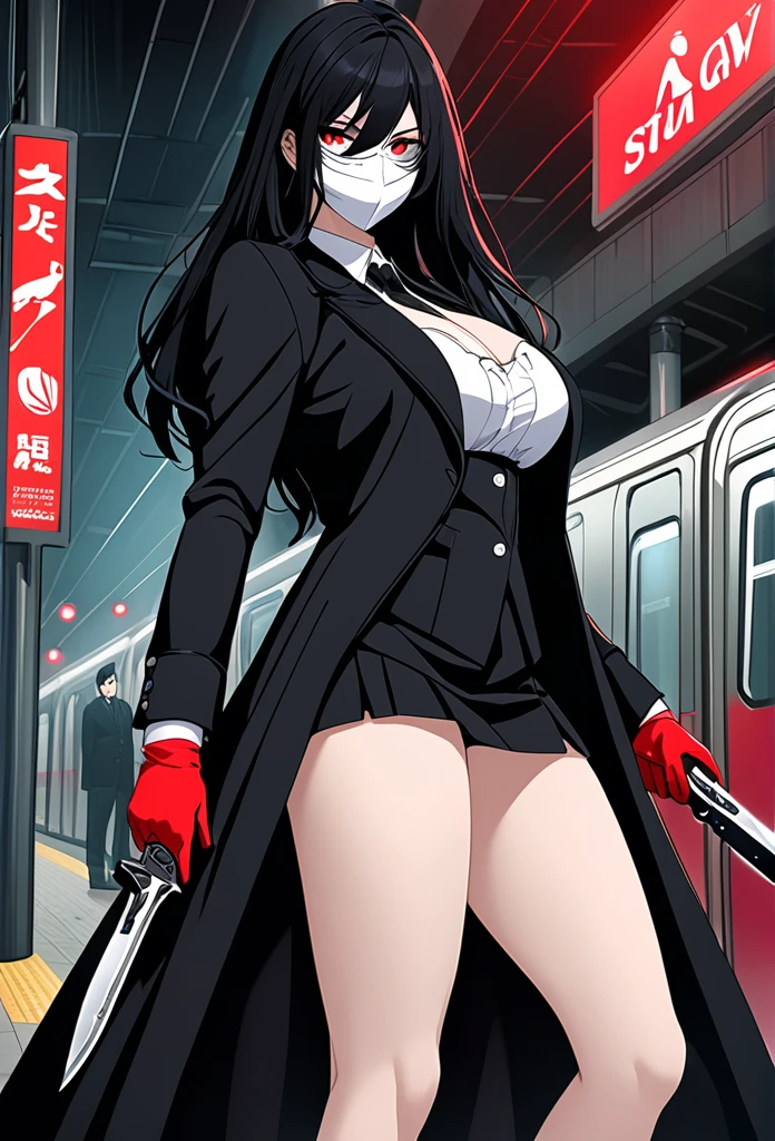 Tall, pale woman, long black hair, red eyes, huge breasts, defined, dressed in formal attire with a black overcoat, red gloves, White eye mask with black details near the eyes, holding a combat knife and a pistol, subway station background with red lighting
