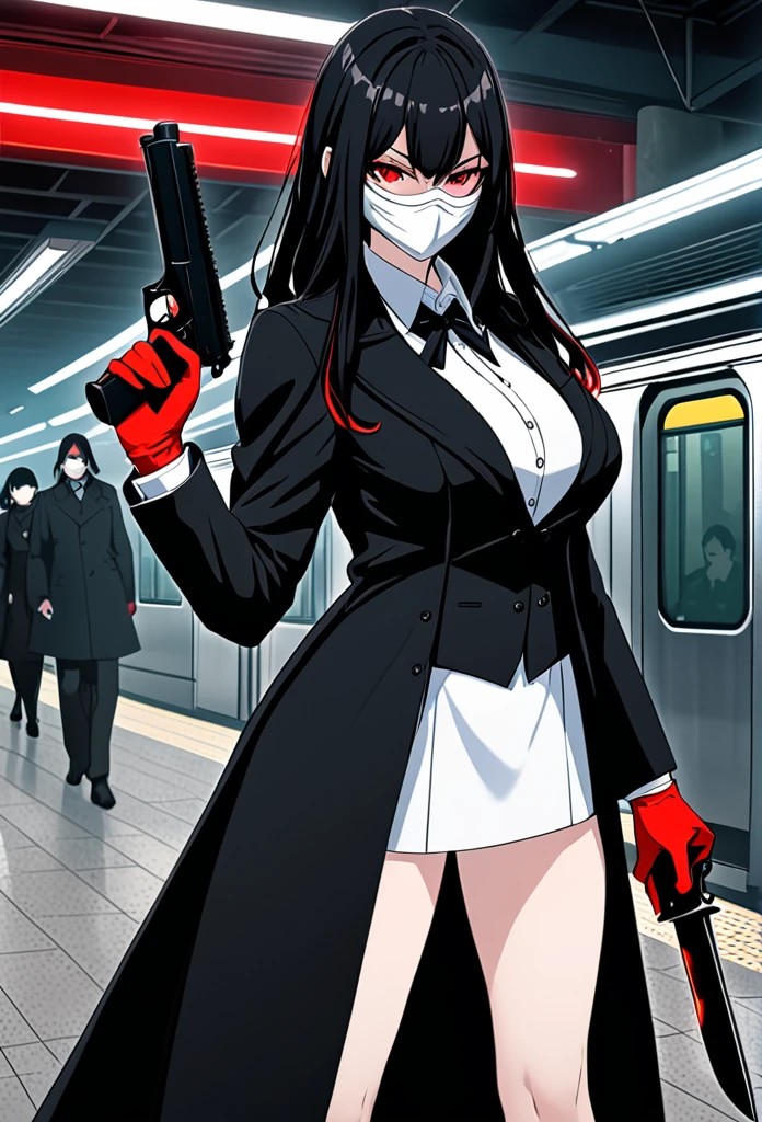 Tall, pale woman, long black hair, red eyes, huge breasts, defined, dressed in formal attire with a black overcoat, red gloves, White eye mask with black details near the eyes, holding a combat knife and a pistol, subway station background with red lighting
