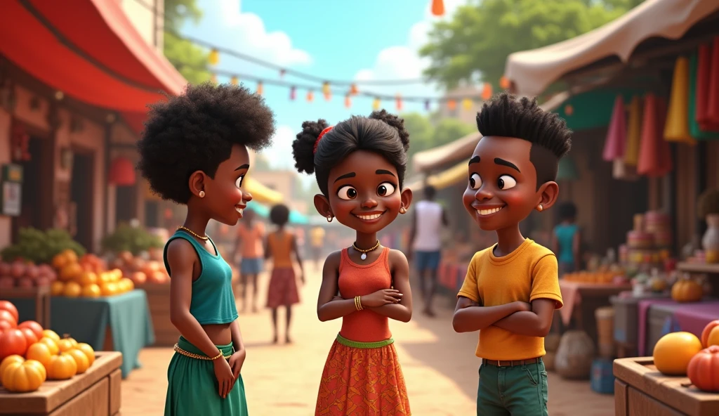 Generate me an image of three 3d cartoon african american characters talking at the market