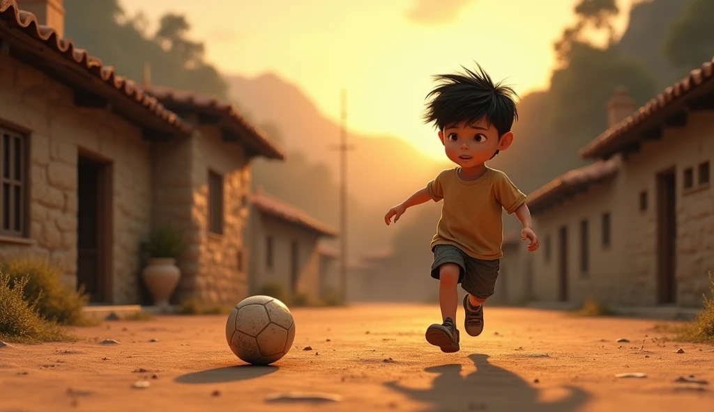 /imagine prompt: Realistic, warm golden light at sunset casting long shadows over a small, dusty soccer field in a remote mountain village. A 5-year-old boy with messy black hair, wearing an oversized t-shirt and old, worn-out shoes, runs excitedly toward a battered soccer ball. The rustic village houses with stone walls and tiled roofs surround the field, creating a serene and hopeful atmosphere as the boy begins to play. The scene captures the innocence and determination of youth: Unreal Engine, hyper-realistic —ar 16:9