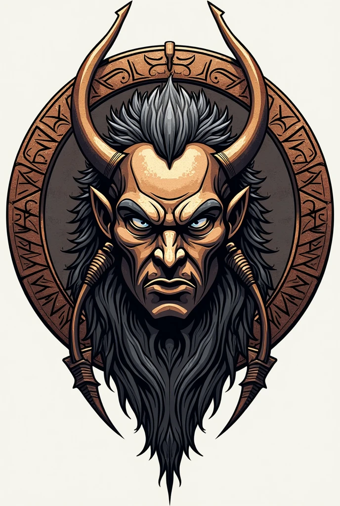 Create a logo concept of a papuan warrior face with traditional bow and arrow and penis gourd features in it. A circle engraved with tribal motifs as logo boundary