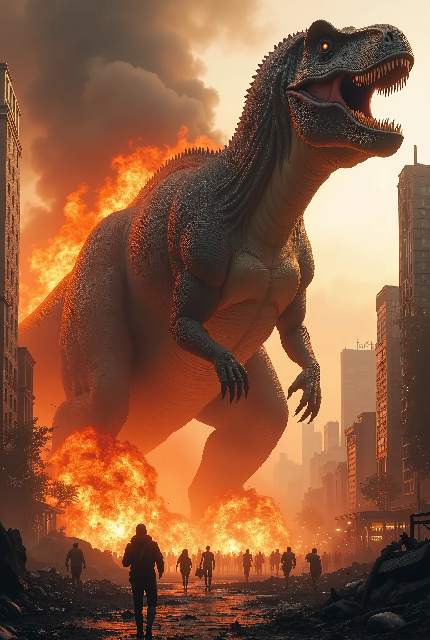 Large Dianasour attacking city with fire angry city gone fire