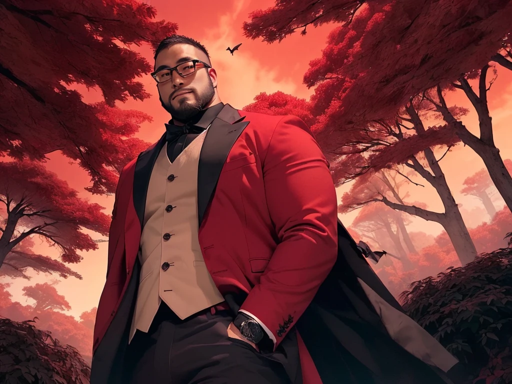 solo, crew cut, (((full body))), mature man, [slightly fat], asian man, brown eyes, rounded face, glasses, slightly balding, (((stubbles, Short beard))), (((full beard))), (Beautiful eyes:1.3), (Detailed face:1.3), man in a red suit is walking through a forest, he spray red wine from his glass to the ground, eerie forest with skeletons on the ground, key visual, crimson darkness, photo realistic, dead trees, crimson cloud, eerie sky, crows flying