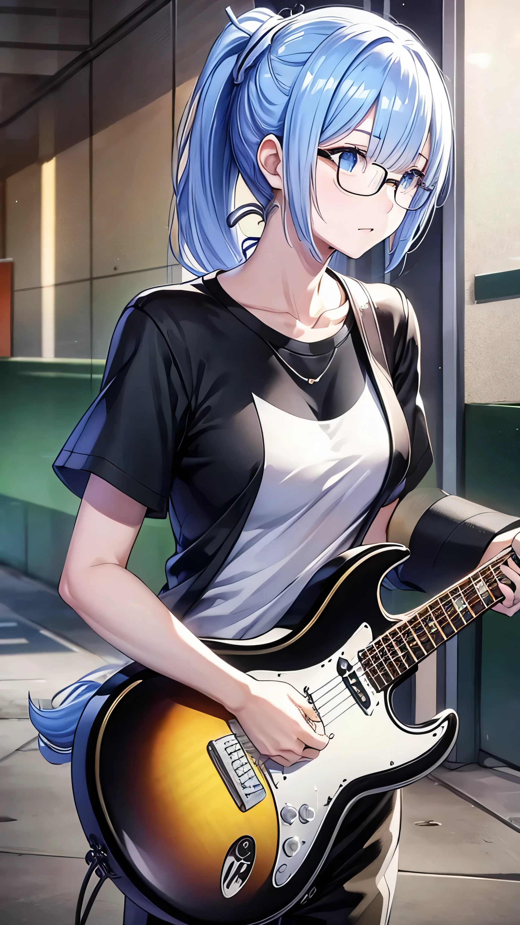 Electric guitar、White T-shirt、ponytail、Black trousers、Glasses、woman