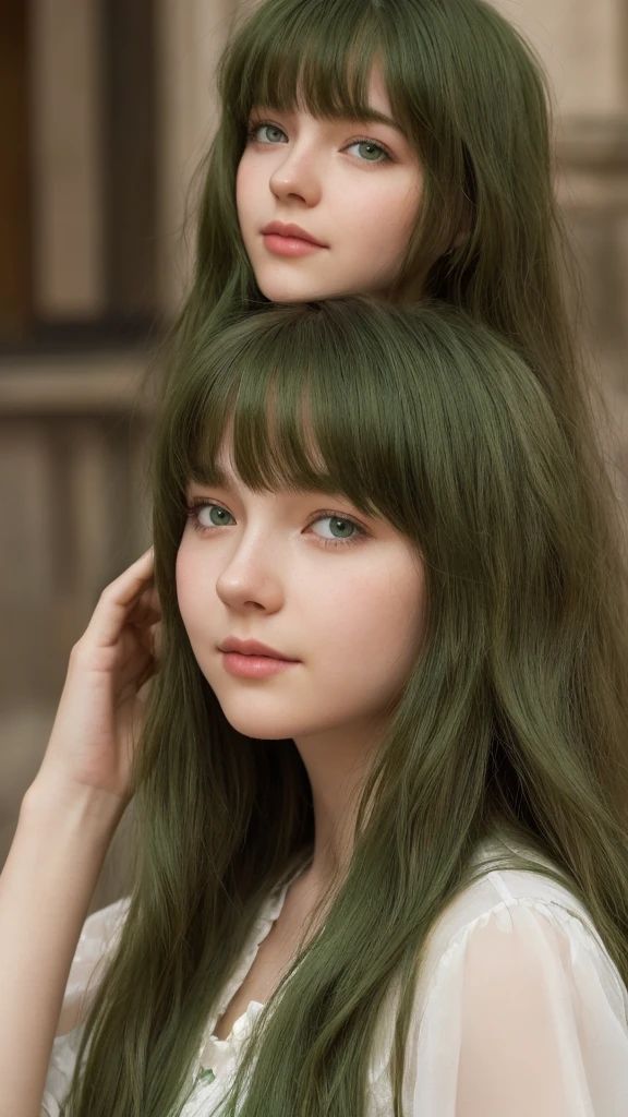 a girl. European. Extremely detailed face. Oval face. Delicate facial features. Half-closed eyes. Long straight hair. Messy hair. Bangs. Green hair. Green eyes. slight smile