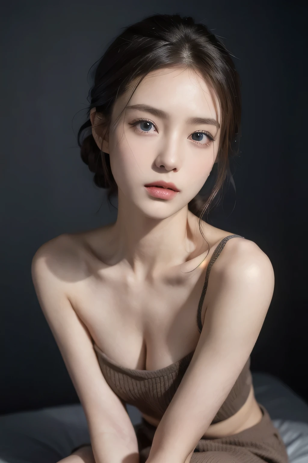 One person, Slim face, Piercing blue eyes, Brunette, Tie your hair up, thin:1.3, body, Wearing a thin knit sweater, Dark colored high-length short skirt, Put your hands on your knees, View your viewers, (Eye-level shot, Cowboy Shot),
break
(Highest quality:1.3, masterpiece:1.3), (Realistic, photo Realistic:1.2), High resolution, 超High resolution, 8k, (Realistic skin, Smooth, rous skin), (Normal expression, Perfect Anatomy),Large Brea,