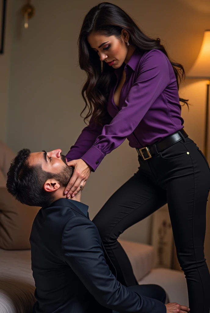 Beautiful Mistress, angry , wearing purple boot-cut pants, wearing purple blouse, wearing black home sandals, stomping, kicking face, mistress kicks man face, man is suited, man kneeling against mistress, shoe on face, man's face kicking by mistress, femdom , face kicking by feet