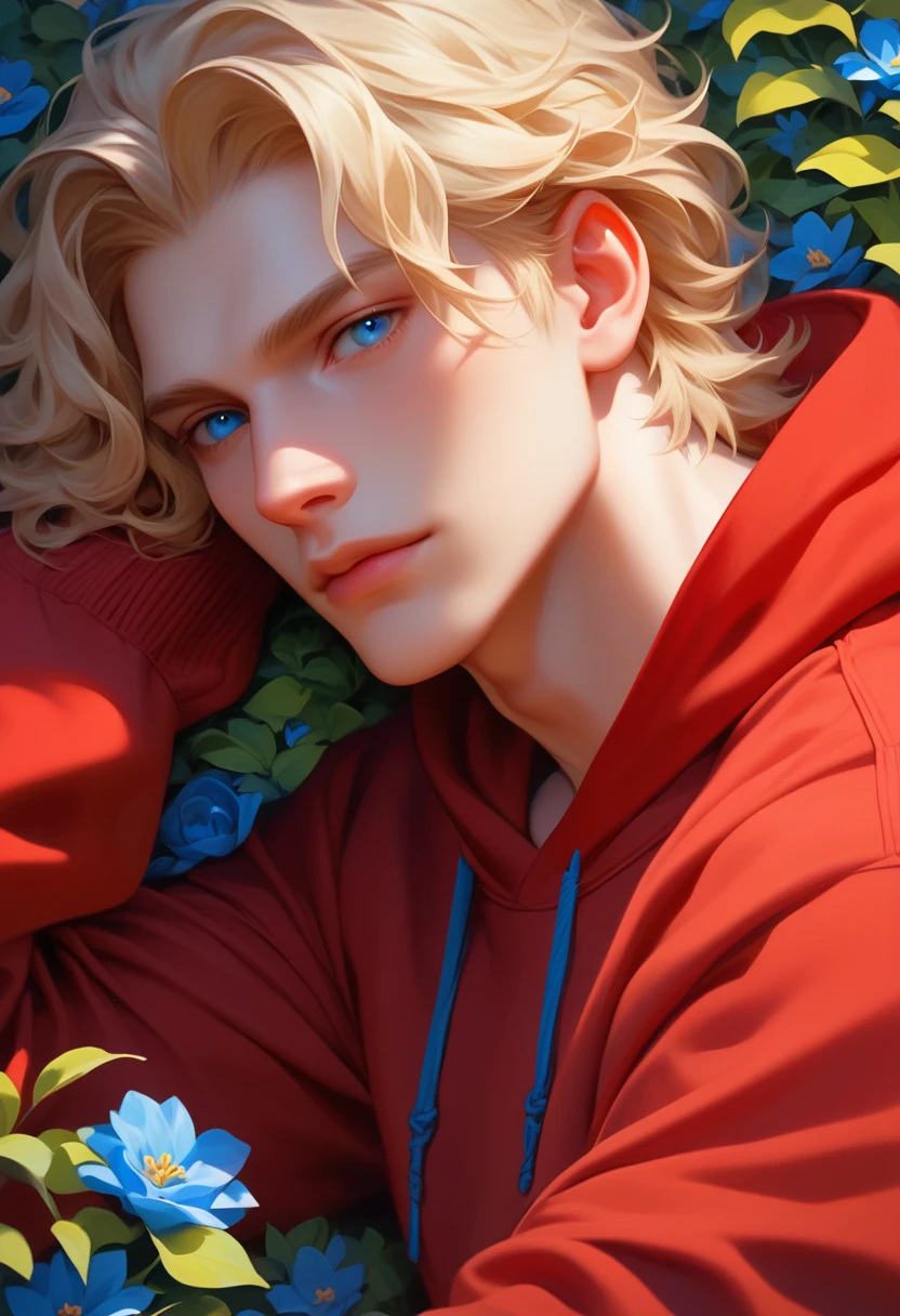 man, wavy blonde hair, blue eyes, had white skin, wear a red hoodie, Russian, muscular, laying in the blue hydrangea flower bush, close up