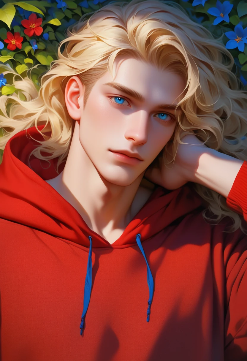 man, wavy blonde hair, blue eyes, had white skin, wear a red hoodie, Russian, muscular, laying in the blue hydrangea flower bush, close up