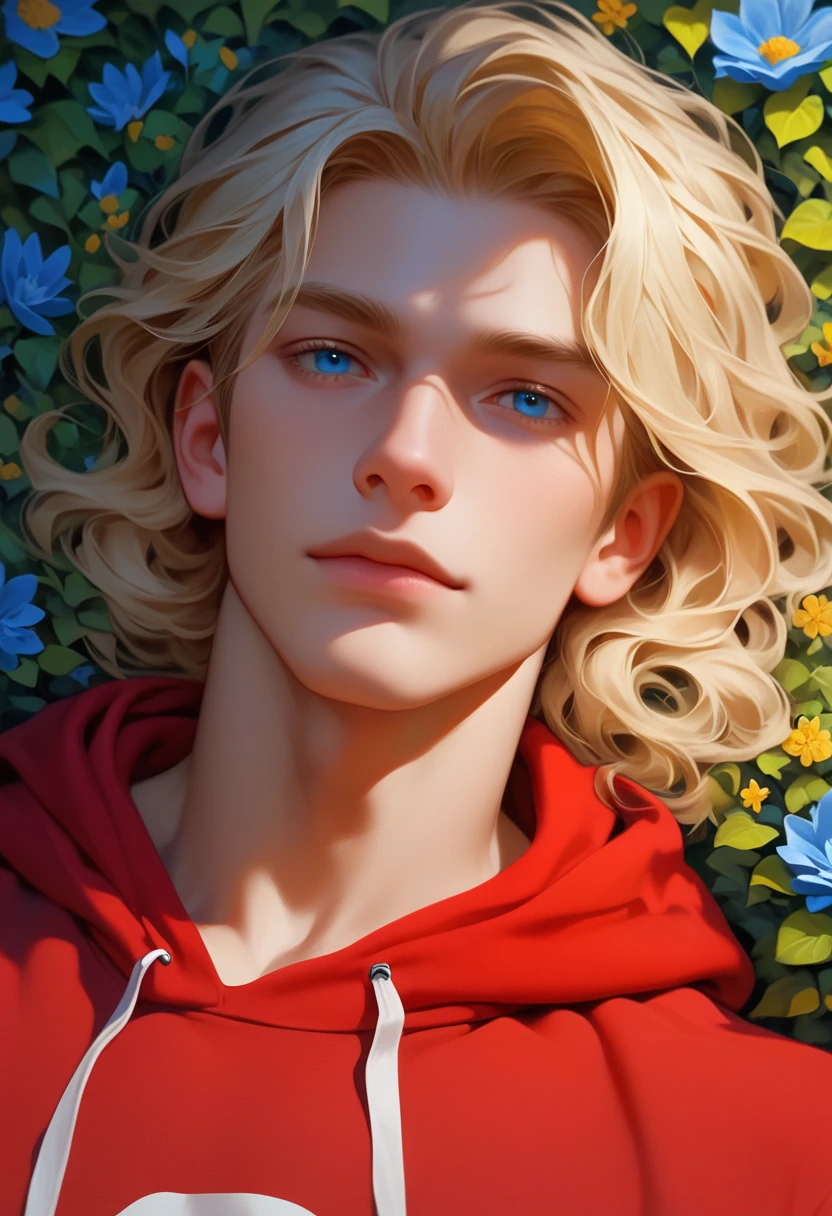 man, wavy blonde hair, blue eyes, had white skin, wear a red hoodie, Russian, muscular, laying in the blue hydrangea flower bush, close up