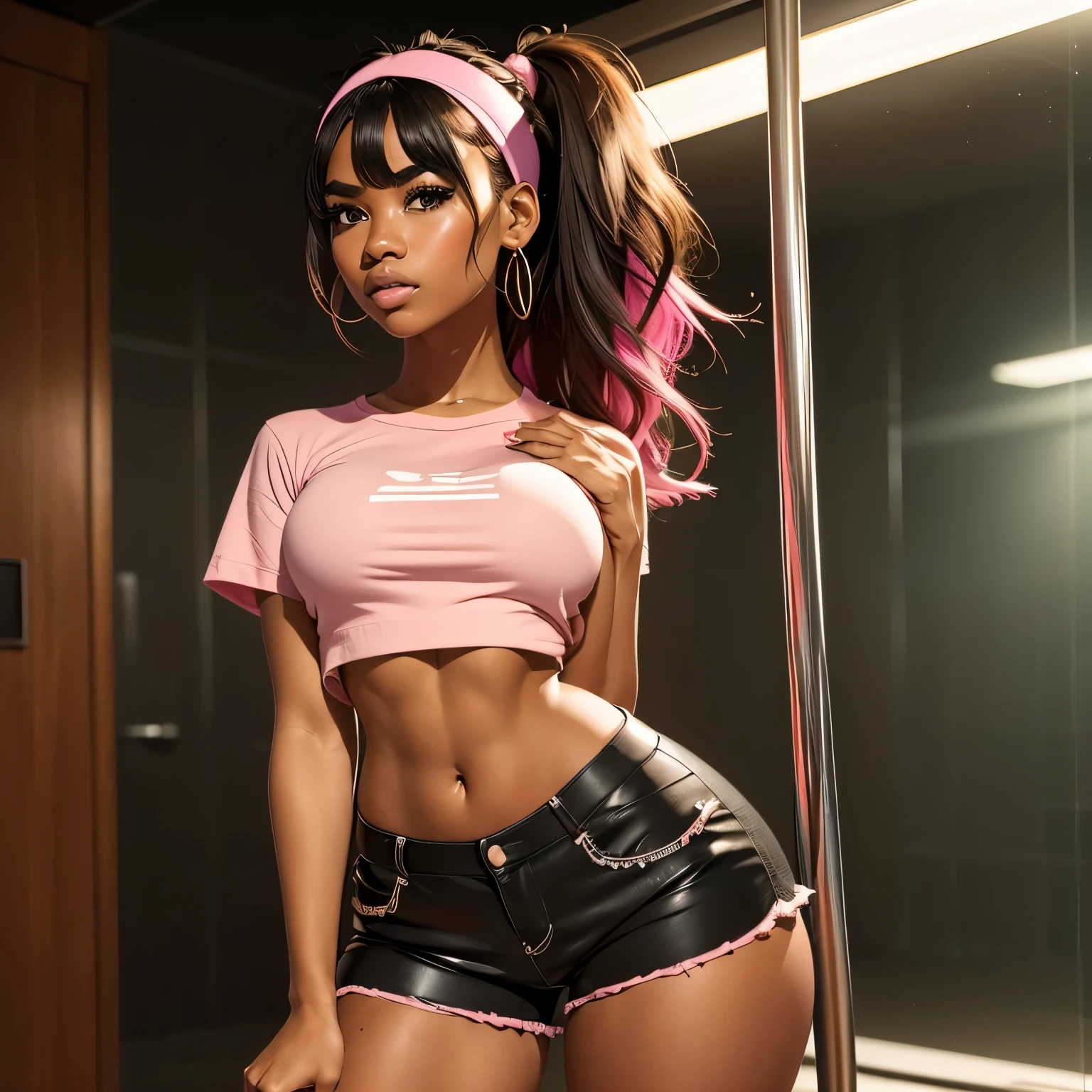 high quality, ebony girl, high resolution, volumetric lighting, underground dispersal, 8k, beautiful woman, (dark skin), Filipino, college student, 's uniform, (big-ass), breasts big, (pink tub top shirt), (cotton shorts:1.2), Wavy hair, pony tail, bangs, headband, hoop earnings, class room, pose sexy, seductively pose, 3/4 shot, cowboy shot, ((slim thick body:1.1)), 