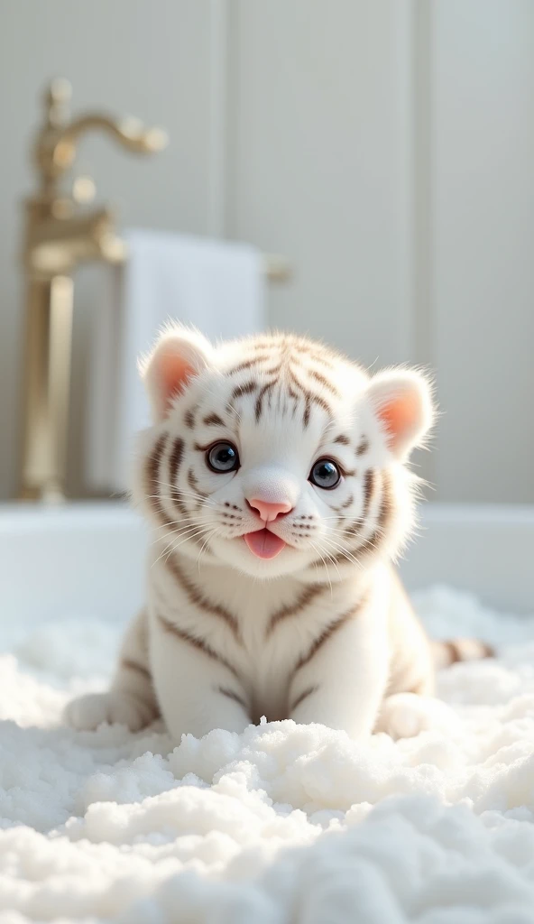 A fat, white and cute little tiger baby, Very fat,pregnant,Big eyes, Cute and cuddly,Fluffy, Delicate and exquisite, Real little tiger,The expression is very cute and sticking out tongue is very cute,Play with real white foam in the bathroom,Pure white high-end bathroom background