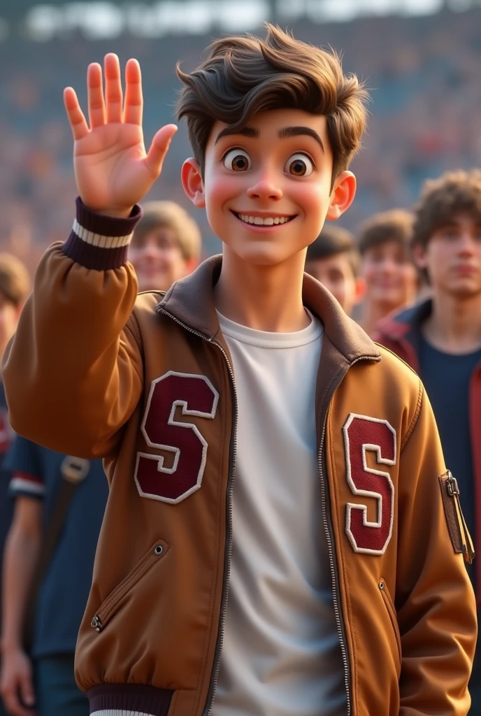 A 15 year old boy wears a white t-shirt and jas almamater and brown Was waving one hand to the audience