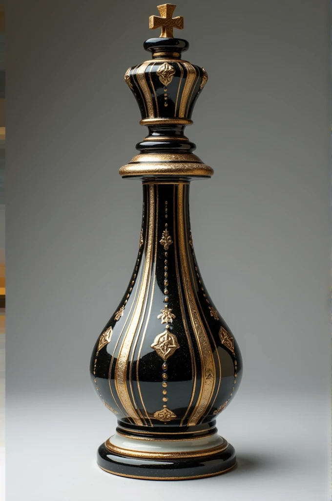 Bishop piece in chess as a beautiful and unique vase. Make it more like the chesss piece. Long and Tall. Color it with black,white and golden. 