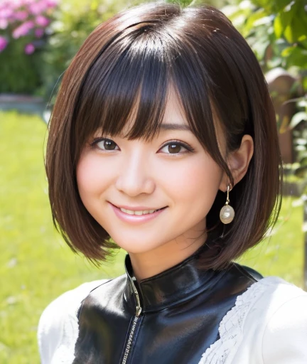 最high quality, 8k, Vibrant, Sharp focus, high quality, High resolution, Middle-aged women, Woman, 55 years old, (Whole Body Ezbian), (High heels face detail, Highly detailed eyes, Plump figure、Plump face、((big 1.6))、(((Large BreastBlack leather clothing))、garden、Random Hairstyles、A kind smile、