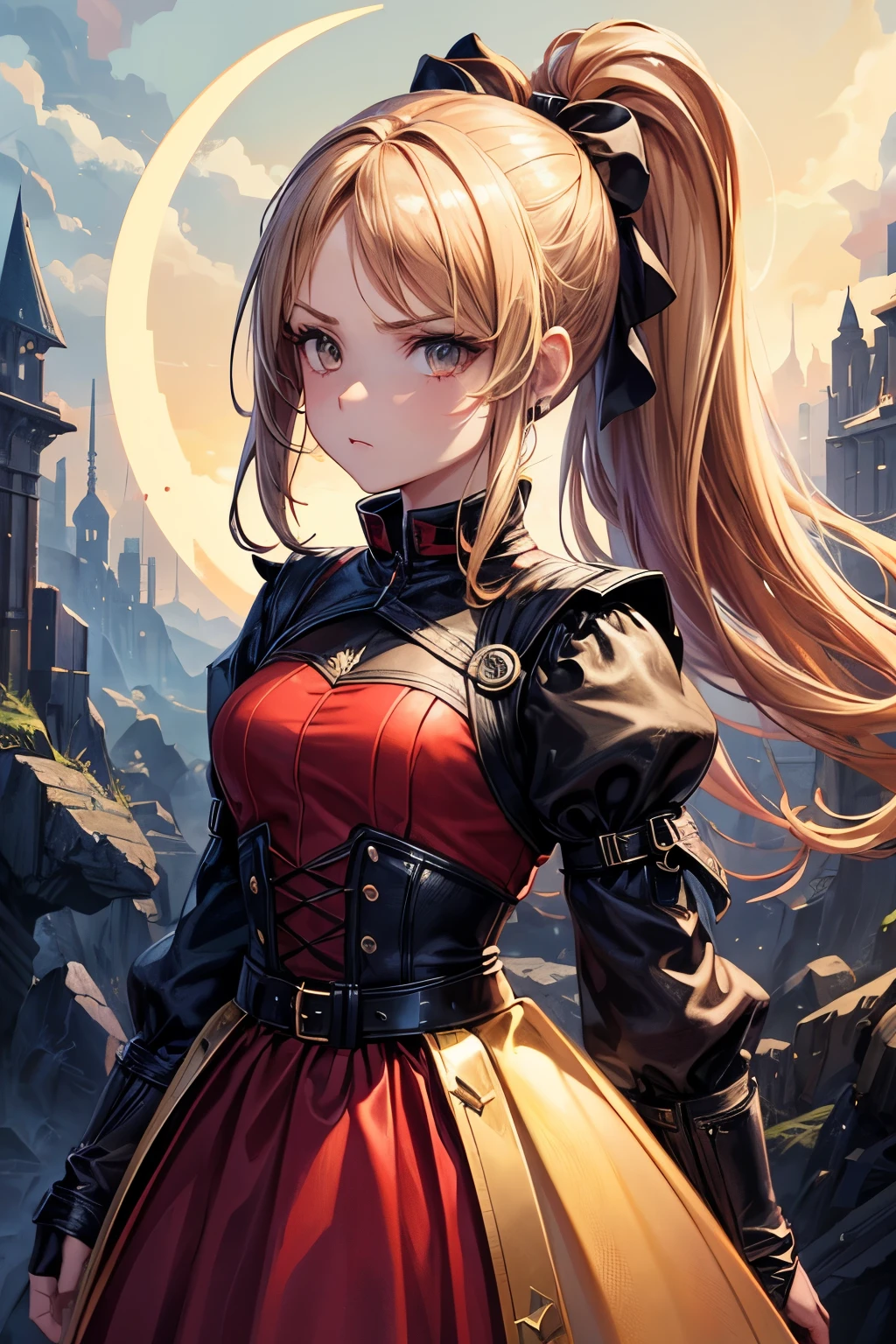 masterpiece, high quality, hcnone, Pixel art, 1 girl, khaki hair, ponytail, Red gothic dress, simple golden background, death stare, Solar eclipse background