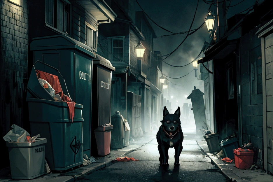 Horror, Dark, Atmospheric, a small street in a dark city, a dog, turns over trash cans, rummaging through the trash, very foggy,