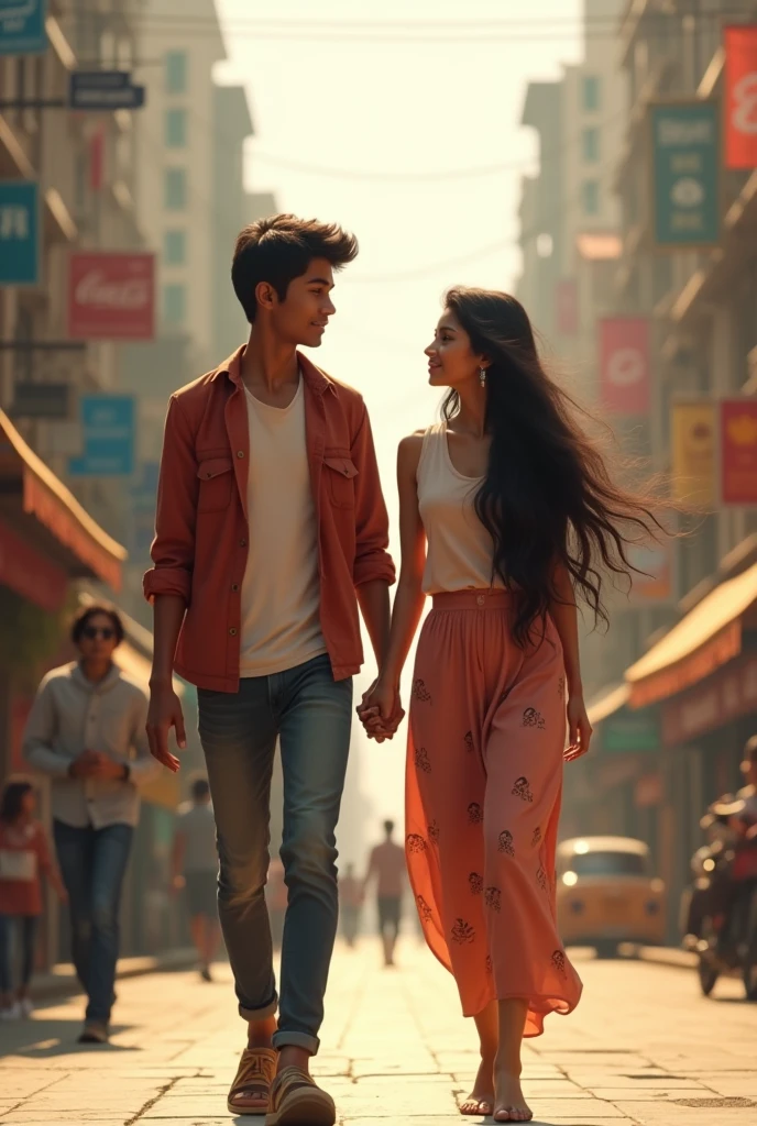 A  slim indian boy is walking an 18 year old Indian girl 