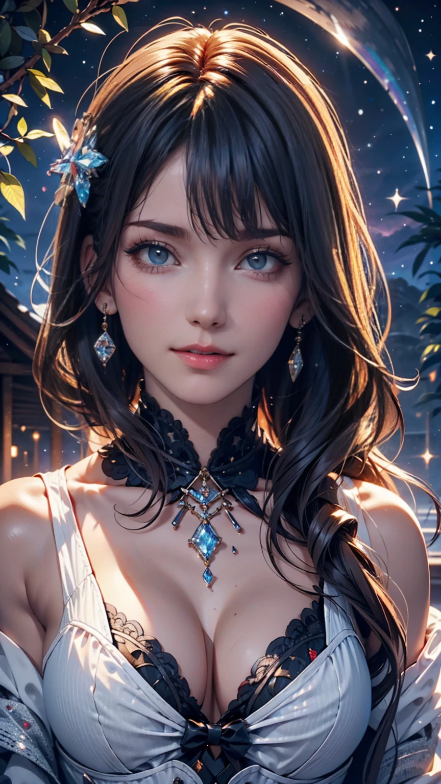 Masterpiece, Superb Girl, Cute Girl, Bust, High Detail Eyes, Perfect Eyes, Portrait, High Detail Face, Same Eyes, Glare, Rainbow Color, Global Illumination, Soft Light, Dream Light, Digital Painting, 8K Close-up, Fantasy, Night Sky, Stars, Nebula, White Crystal, Moonlight, Serenity, Summer, (8K:1.1)