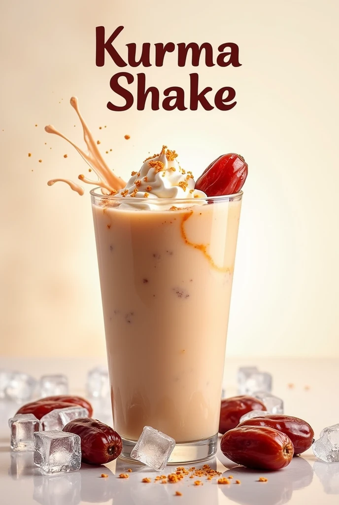 A poster with dates falling in a glass of date milkshake blended in ice
- displaying the name "Kurma Shake"
-dispalying health bemefits as below:
- " Tanpa Flavor "
- " Bebas Gula"
- " Susu Segar"
- " Lebih gizi"
- " Lebih sehat"
- "Lebih Fiber"
-" Asli 100%"