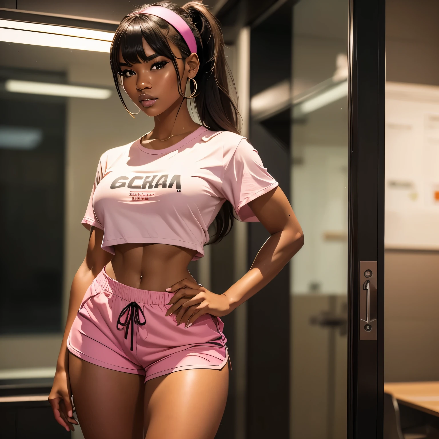 high quality, ebony girl, high resolution, volumetric lighting, underground dispersal, 8k, beautiful woman, (dark skin), Filipino, college student, 's uniform, (big-ass), breasts big, (pink tub top shirt), (cotton shorts:1.2), Wavy hair, pony tail, bangs, headband, hoop earnings, class room, pose sexy, seductively pose, 3/4 shot, cowboy shot, ((slim thick body:1.1)), 