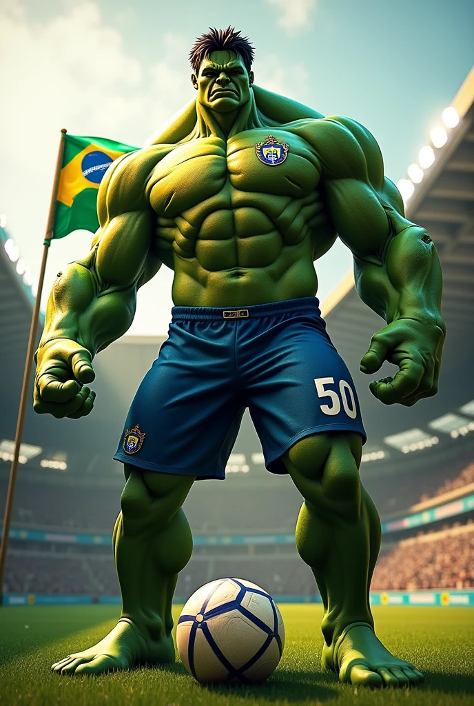 create a Hulk in a football stadium stepping on a ball with the Brazilian ga polo shirt with writing on the chest BRASIL DE LIMEIRA holding in his hand a Brazilian flag with the words BRASIL DE LIMEIRA