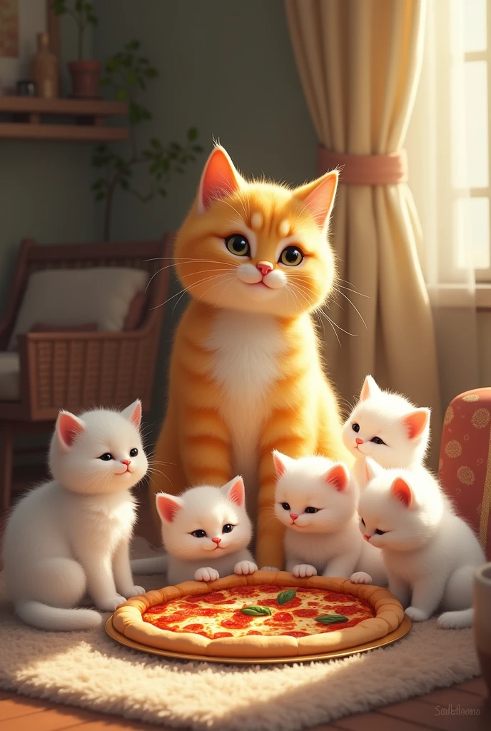 mother cat ( yellow cat) and 5 kittens ( White cat) is in a cozy house, 5 kittens thinking about big delicious pizza