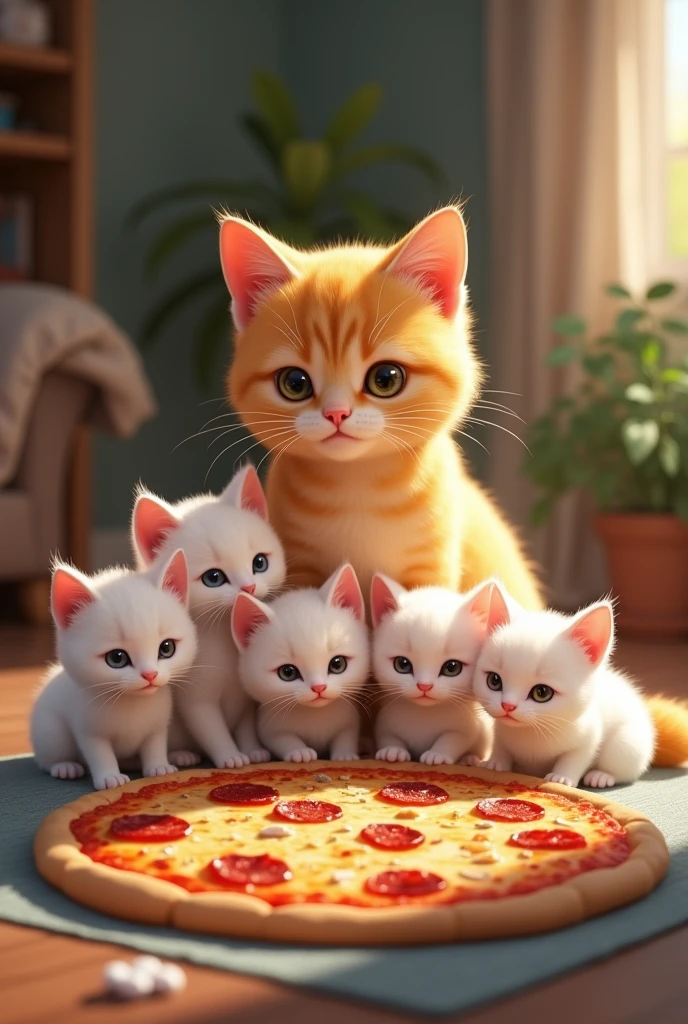 mother cat ( yellow cat) and 5 kittens ( White cat) is in a cozy house, 5 kittens thinking about big delicious pizza