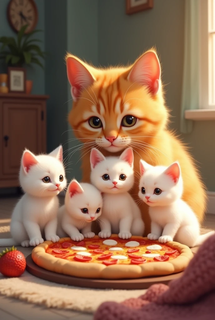 mother cat ( yellow cat) and 5 kittens ( White cat) is in a cozy house, 5 kittens thinking about big delicious pizza