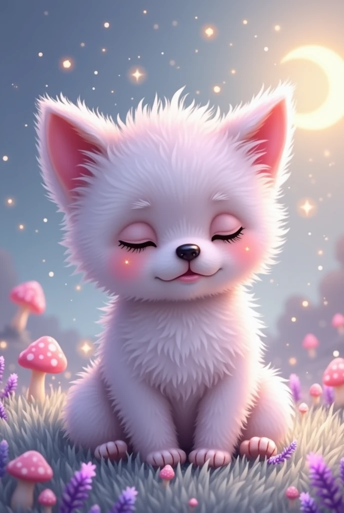 "Create a whimsical and adorable scene featuring a sleeping Pomeranian puppy in a magical nighttime meadow. The puppy should be:
- Fluffy and white with cream-colored highlights, softly illuminated by moonlight
- Curled up in a sleeping position, eyes gently closed
- Soft, fuzzy fur with visible individual strands
- Pink blush on cheeks and inside ears
- Small black nose
- Paws tucked under its body
Surrounding the puppy:
- Dark green grass with a slight blue tint, individual blades visible
- Delicate purple and pink wildflowers scattered around, some glowing softly
- Luminescent mushrooms providing additional soft light
Background:
- Deep blue night sky gradient
- A large, bright crescent moon
- Twinkling stars and constellations
- Fireflies or magical light orbs floating gently in the air
Lighting:
- Soft, cool moonlight as the main light source, creating a gentle glow around the puppy
- Warm, subtle lighting from the glowing flowers and mushrooms
- Gentle rim lighting on the puppy's fur to separate it from the background
Style:
- Highly detailed digital painting
- Cute and cartoonish, but with realistic textures
- Dreamy and ethereal nighttime atmosphere
Color palette:
- Whites and creams for the puppy, with slight blue tints from moonlight
- Deep blues and purples for the night sky
- Soft purples, pinks, and blues for the glowing flowers and mushrooms
- Silver highlights from moonlight
Mood: Peaceful, magical, and enchanting
Additional details:
- Dewdrops on grass and flower petals reflecting moonlight
- Subtle star reflections in the puppy's fur
- Fine details in the puppy's fur, especially around the face and ears
- Misty atmosphere to enhance the dreamy quality
Overall composition: Center the sleeping puppy as the main focus, with the magical nighttime meadow elements surrounding it to create a fairy-tale-like nocturnal scene