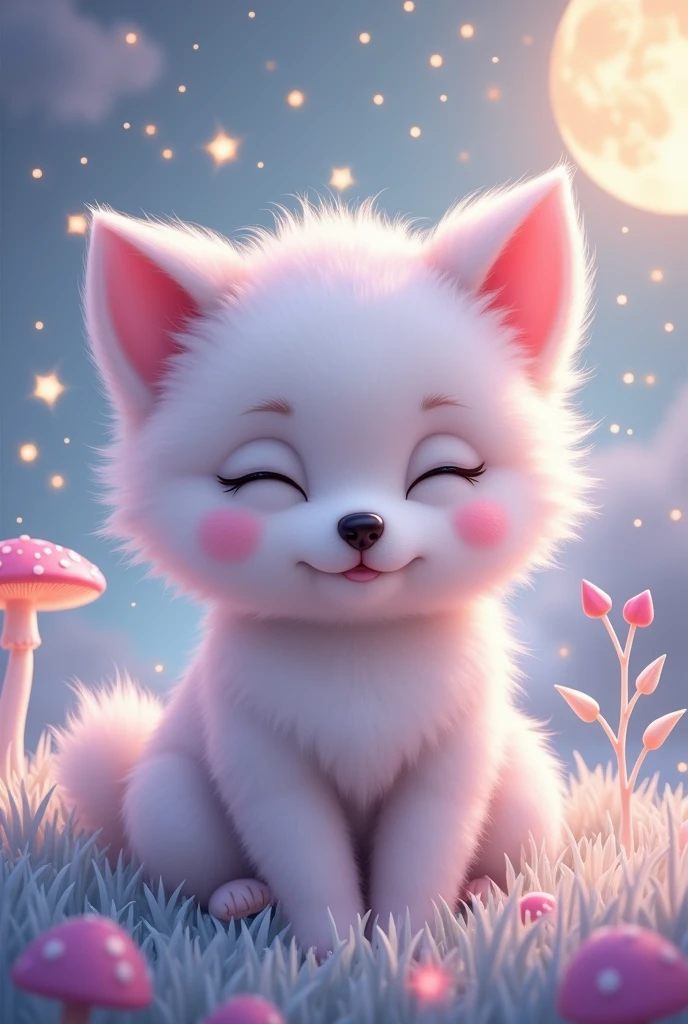 
"Create a whimsical and adorable scene featuring a sleeping Pomeranian puppy in a magical nighttime meadow. The puppy should be:

- Fluffy and white with cream-colored highlights, softly illuminated by moonlight
- Curled up in a sleeping position, eyes gently closed
- Soft, fuzzy fur with visible individual strands
- Pink blush on cheeks and inside ears
- Small black nose
- Paws tucked under its body

Surrounding the puppy:
- Dark green grass with a slight blue tint, individual blades visible
- Delicate purple and pink wildflowers scattered around, some glowing softly
- Luminescent mushrooms providing additional soft light

Background:
- Deep blue night sky gradient
- A large, bright crescent moon
- Twinkling stars and constellations
- Fireflies or magical light orbs floating gently in the air

Lighting:
- Soft, cool moonlight as the main light source, creating a gentle glow around the puppy
- Warm, subtle lighting from the glowing flowers and mushrooms
- Gentle rim lighting on the puppy's fur to separate it from the background

Style:
- Highly detailed digital painting
- Cute and cartoonish, but with realistic textures
- Dreamy and ethereal nighttime atmosphere

Color palette:
- Whites and creams for the puppy, with slight blue tints from moonlight
- Deep blues and purples for the night sky
- Soft purples, pinks, and blues for the glowing flowers and mushrooms
- Silver highlights from moonlight

Mood: Peaceful, magical, and enchanting

Additional details:
- Dewdrops on grass and flower petals reflecting moonlight
- Subtle star reflections in the puppy's fur
- Fine details in the puppy's fur, especially around the face and ears
- Misty atmosphere to enhance the dreamy quality

Overall composition: Center the sleeping puppy as the main focus, with the magical nighttime meadow elements surrounding it to create a fairy-tale-like nocturnal scene