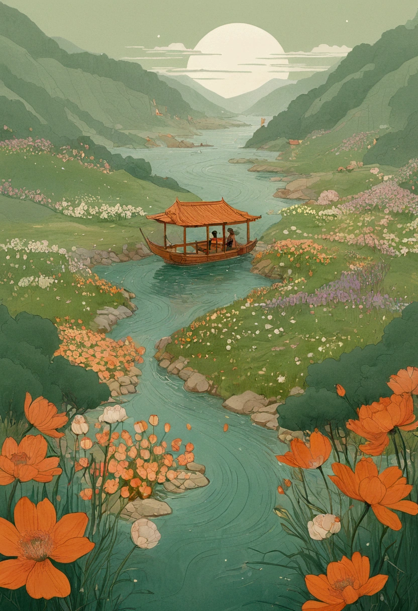 In the style of Victo Ngai, Beautiful Dite，Simple，modern，advanced，cute，Color blocking，flowers，Taiping Life Insurance Logo,Orange，light green，grid，line，illustration，Vigor，pixar，