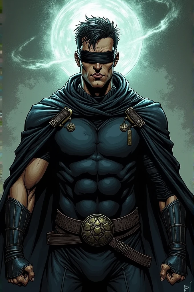 Create a comic book character who wears a blindfold because of his powerful eyes and magic.