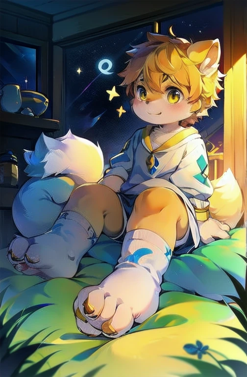 Unique,cannon,arctic fox,male,hairy,best quality,boys,Shota,human nature,paw,hairy tail,Golden Sun Rune,cute,Sparkling golden eyes,Sitting on the bed,White socks
