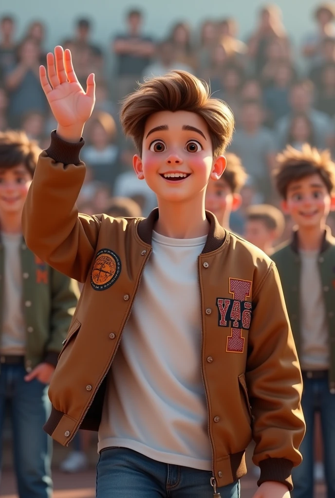 A 15 year old boy wears a white t-shirt and jas almamater and brown Was waving one hand to the audience