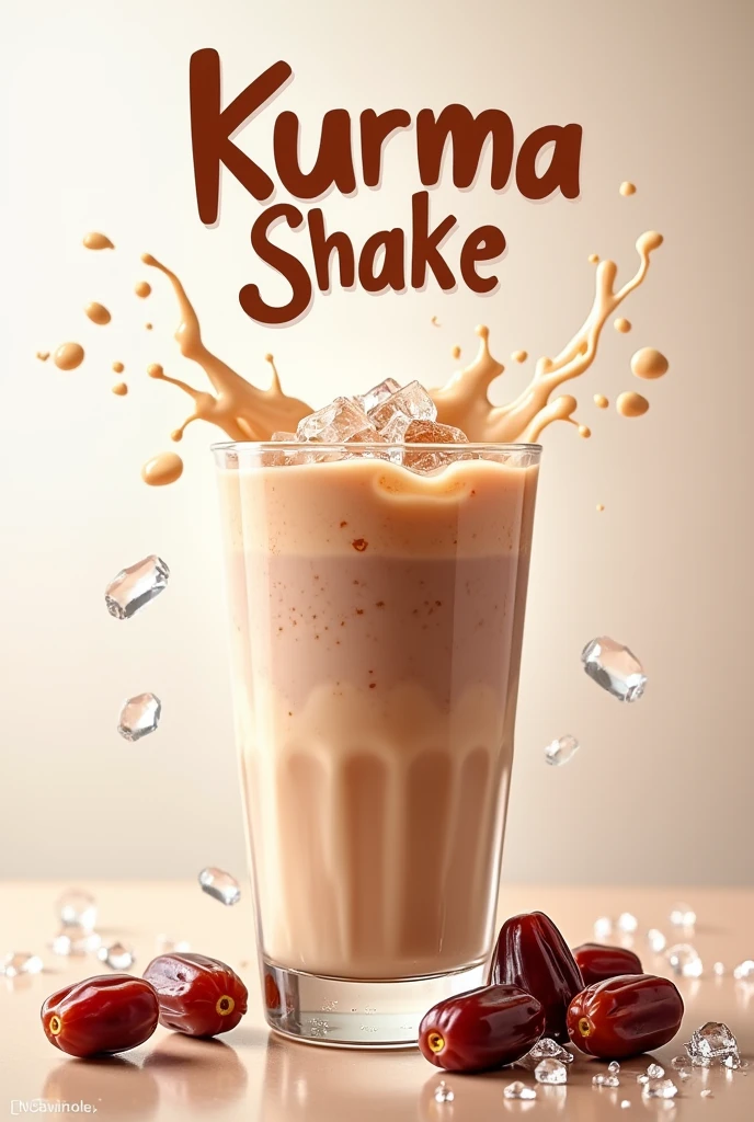 A poster with dates falling in  a glass of date milkshake blended in ice 
- displaying the name "Kurma Shake"
-dispalying  health bemefits as below:
- " Tanpa Flavor "
- " Bebas Gula" 
- " Susu Segar"
- " Lebih gizi"
- " Lebih sehat"
- "Lebih Fiber"
-" Asli 100%"