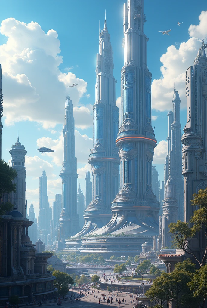 Illustrates a megametropolis 3 times the size of Manhattan in the year 2084 with super tall and modern skyscrapers called Fantasy World City