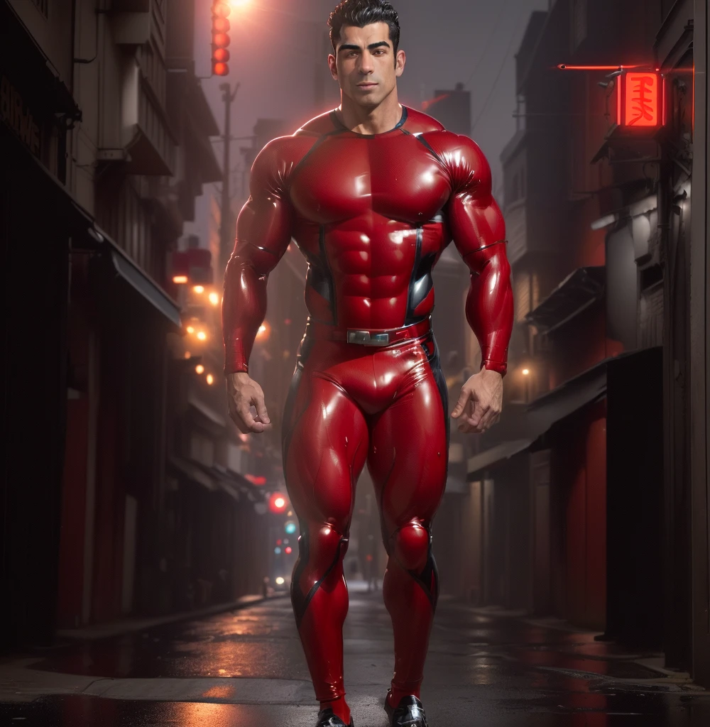 arafed man in a red and black wet suit standing in a street, huge glistening muscles, rubberhose style, superhero body, exaggerated muscle physique, rubbery-looking body, rubbery - looking body, rubber suit, muscular male hero, hard rubber chest, bulging muscles, exaggerated muscles, sci - fi armour! muscular