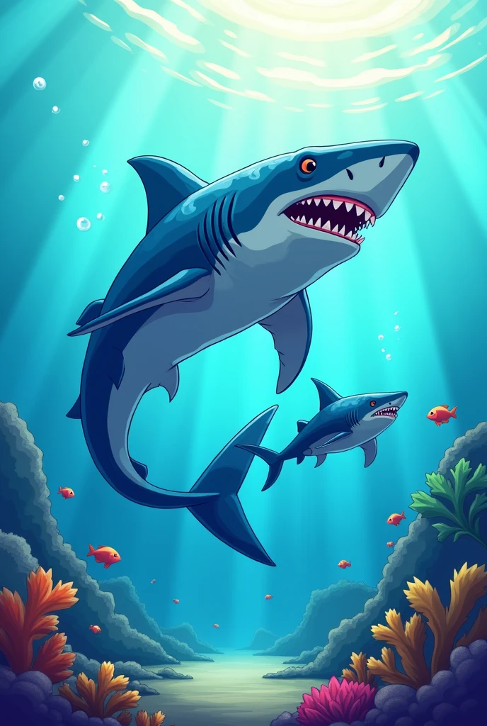 Create a picture about a megalodon and his son walking in the sea to color and make it animated and simple 