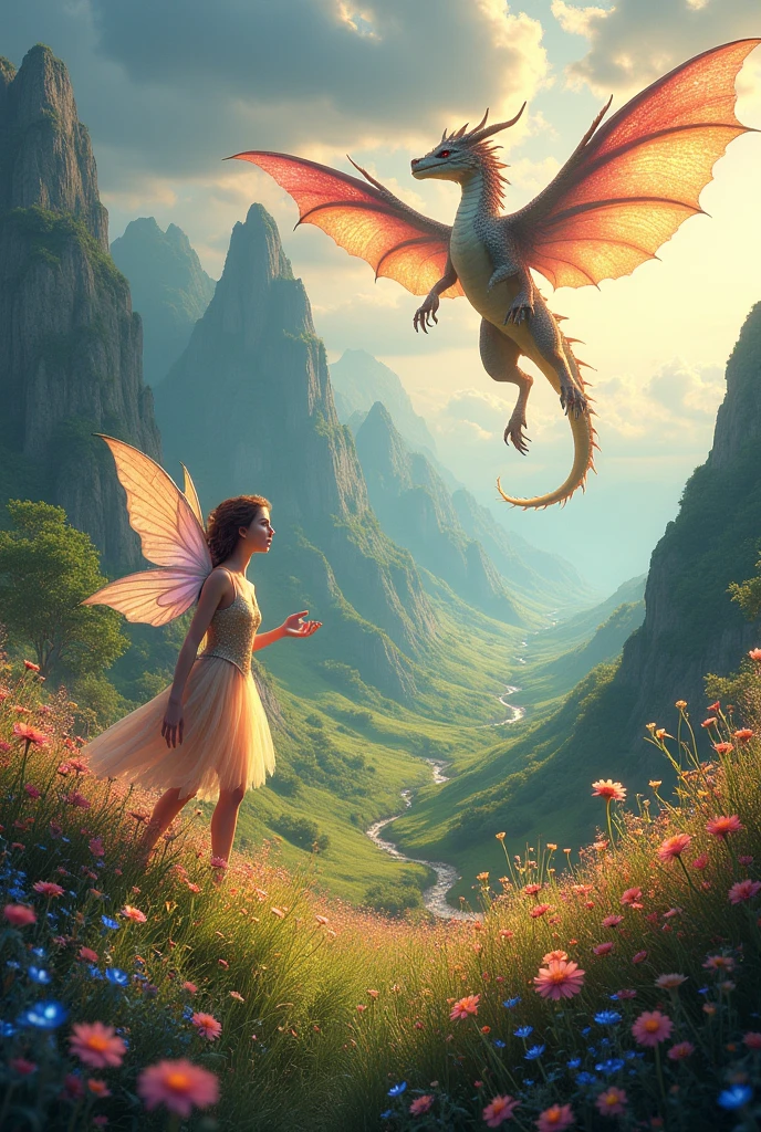 An elemental fae kingdom with dragons and fairies, flowers all around 