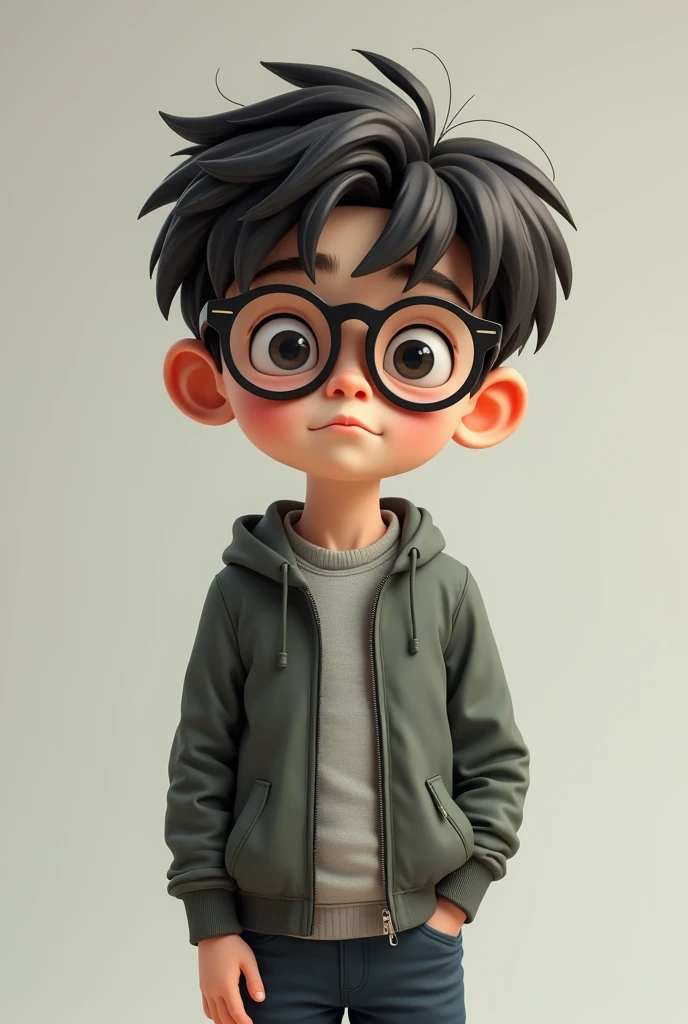 A boy stands with black tin glasses