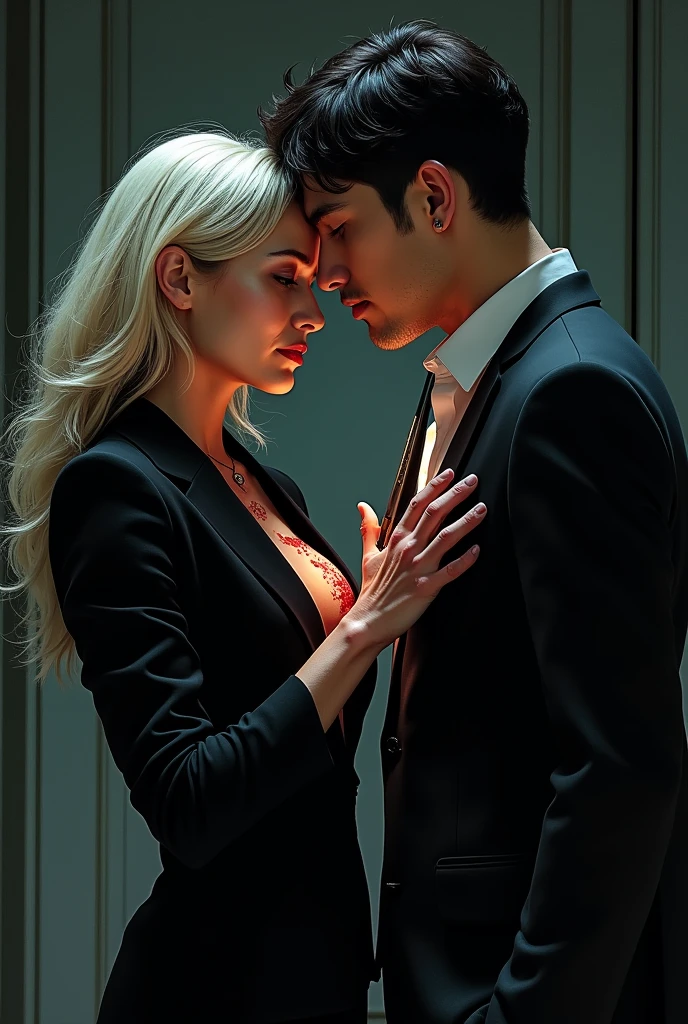 A 52-year-old woman, dressed in black spy-like attire, is holding a knife with a determined and intense expression.
• She stands close to a young man who is dressed in formal clothing.
• The scene will have a dark, suspenseful atmosphere, with shadows and dramatic lighting emphasizing the tension.
• The focus will be on their expressions and body language, suggesting a high-stakes moment.
She put that knife in young men's chest then men's chest was bleeding
At the same time she was crying
And young shocked or feels pain
Make some wrinkles on female face and she had cry and young man are shocked and feels pain in over chest