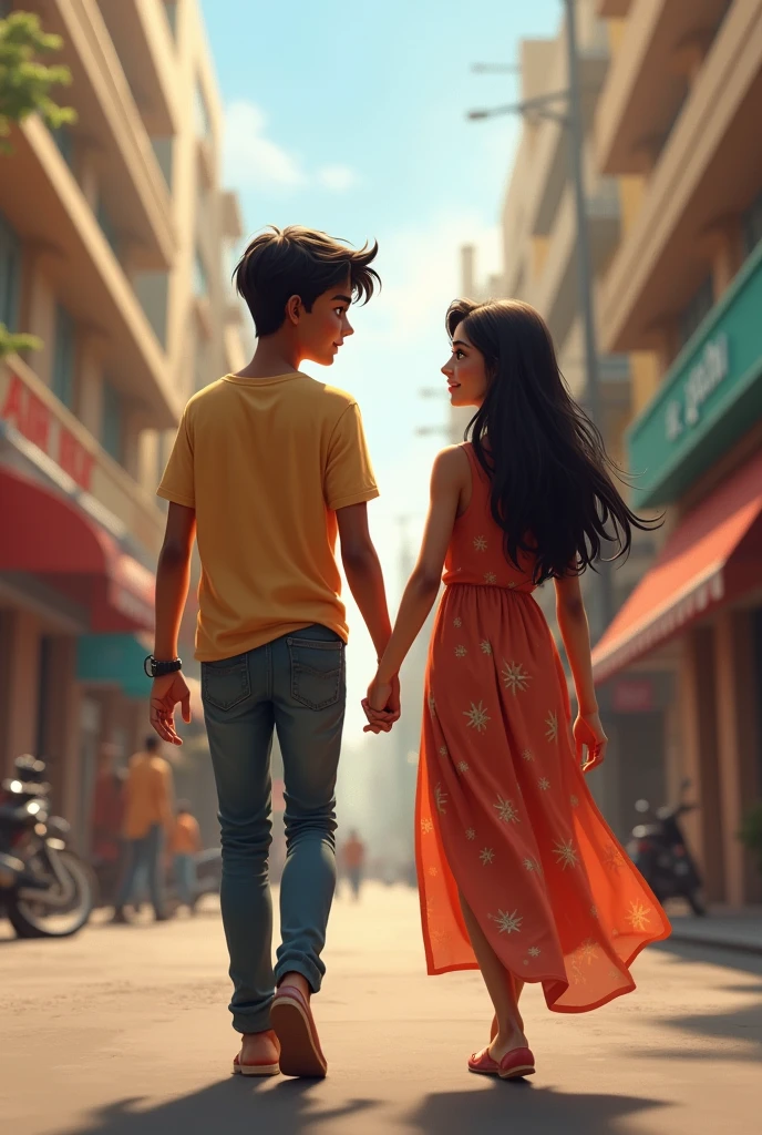 A 17 year old slim indian boy is walking an 18 year old Indian girl 