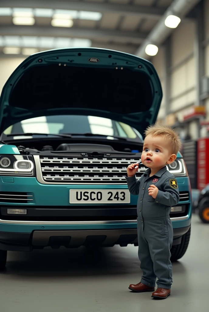 Rang rover  bonet open and baby technician infront of tha vehicle With a tool in his hand
