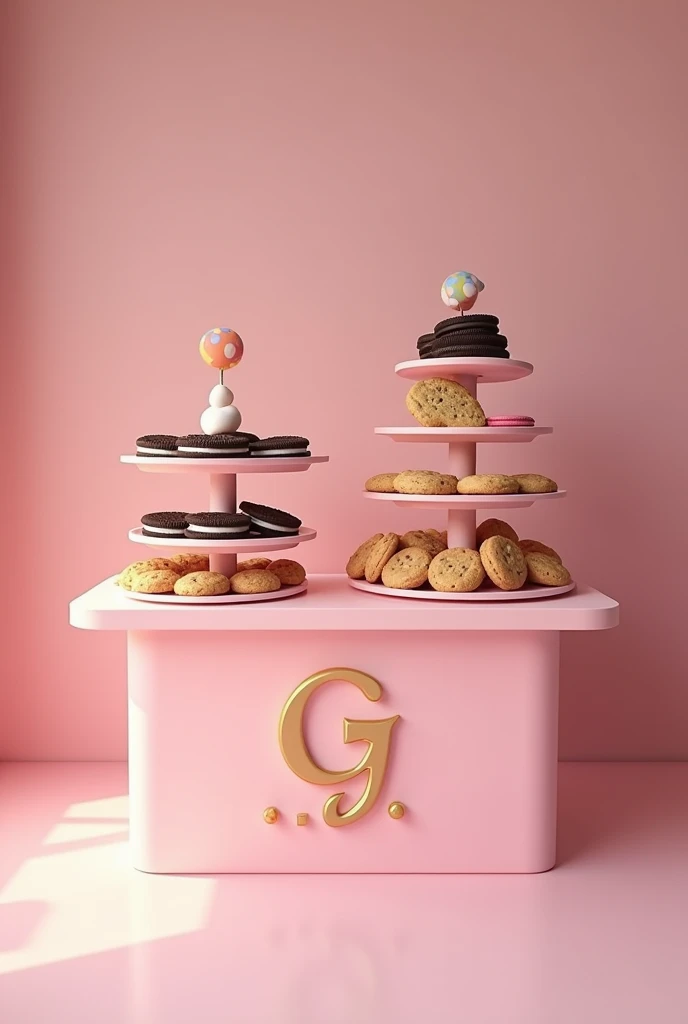Create a realistic booth on just one rectangular cookie business fair table, Please use the cookie logo at the stand (the brand logo) Use pastel colors or cute colors to make this company eye-catching for both men and women.
Please do not use too many trays or too many cookies, maximum 4 of each flavor, you will put 20 cookies in total, 5 cookies of each flavor you put, and you put a title in front that says each flavor, There are oreo, nutella, Nutella with mym and oreo with mym. The logo is a "g" and the phrase "life is just one" both in italics please.
The logo on the table please