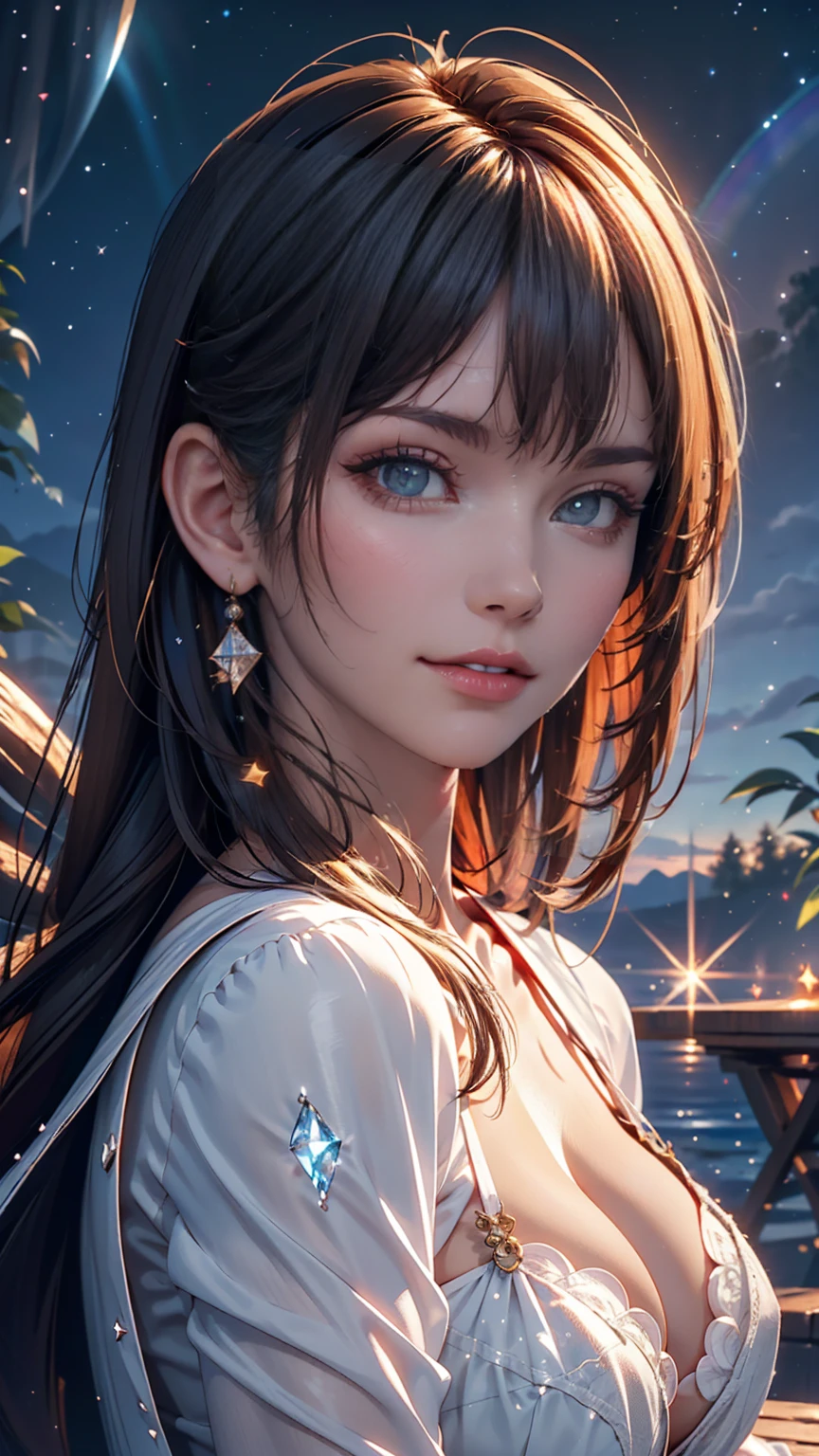 Masterpiece, Superb Girl, Cute Girl, Bust, High Detail Eyes, Perfect Eyes, Portrait, High Detail Face, Same Eyes, Glare, Rainbow Color, Global Illumination, Soft Light, Dream Light, Digital Painting, 8K Close-up, Fantasy, Night Sky, Stars, Nebula, White Crystal, Moonlight, Serenity, Summer, (8K:1.1)