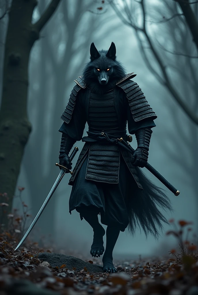 very strong、Wolf Samurai、Wear a black aura、Impenetrable、Warrior、The body is slender、Pitch black armor、Dark Messenger、Walking through a very dark forest at night、Very realistic、Ultra HD、32K、He bends down and prepares to draw his sword.、