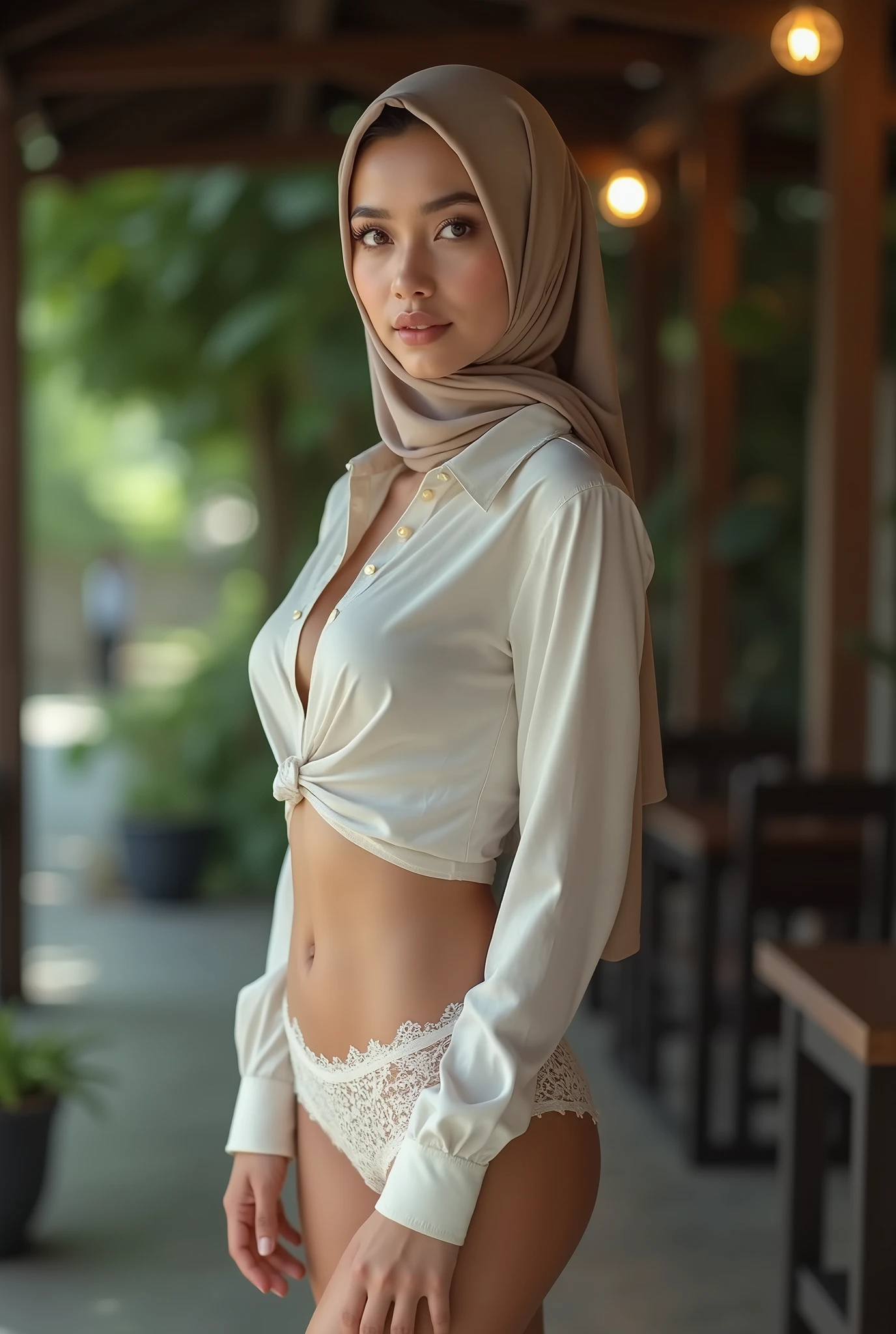 Malay Muslim women，Wearing a headscarf，shirt，Short skirt，No buttons，photograph，reality，beauty，Looking at the camera，front，Sexy，Cleavage，C cup，whole body，See the legs，8k，Lace underwear